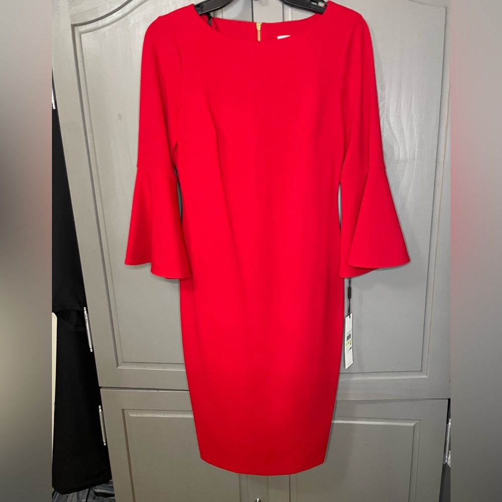 Gorgeous red Calvin Klein bell-sleeve dress.